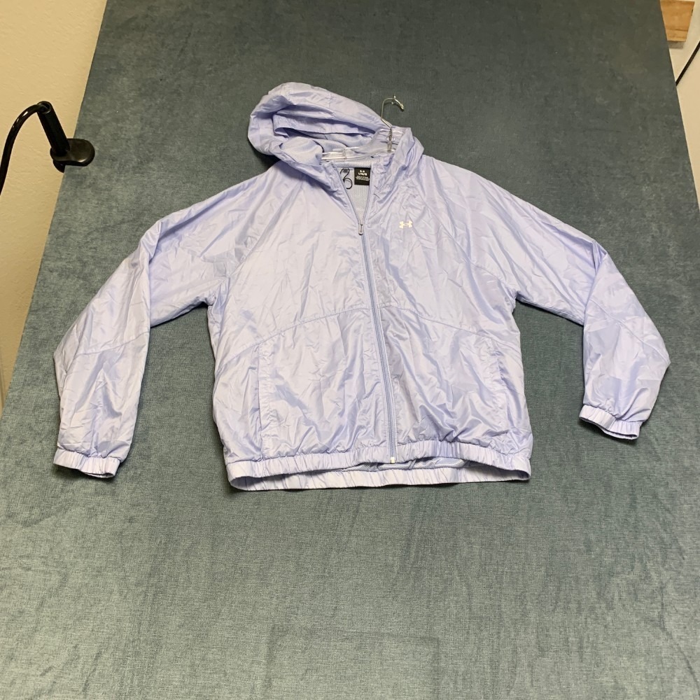Under Armour Windbreaker Jacket Womens Large Purple Hooded Logo Sport Full Zip